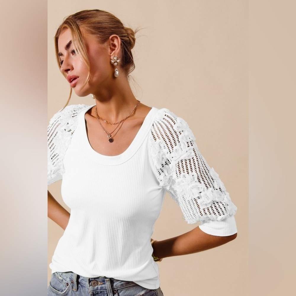 Anthropologie White Lace Sleeve Top
